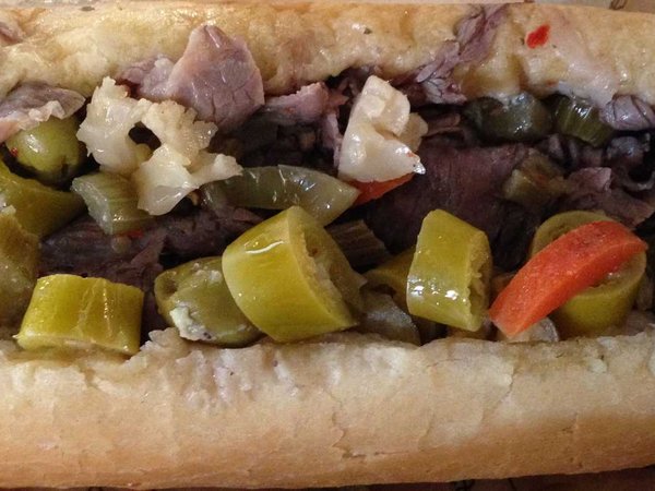 Dipped hot beef sandwich