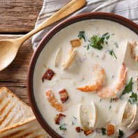 American food: New England clam chowder soup close-up on a in a bowl on the table. horizontal view from above