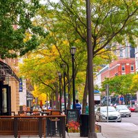 CLEVELAND, OH - OCTOBER 5: The trendy club and restaurant district of West 6th Street in Cleveland Ohio, with al fresco dining on the sidewalks, begins to come alive on an October morning.