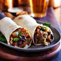 two beef burritos with rice, black beans and salsa