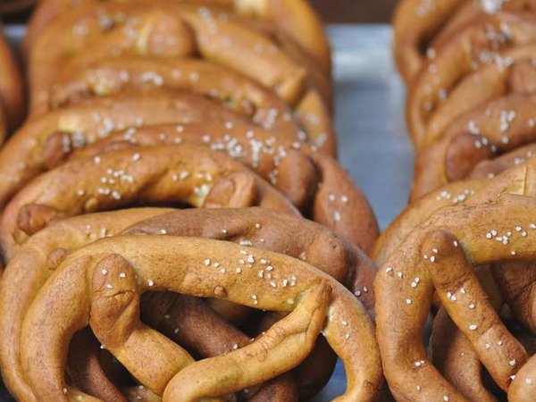 Freshly baked pretzels for sale at a farmers market in Raleigh, North Carolina
