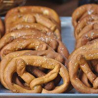 Freshly baked pretzels for sale at a farmers market in Raleigh, North Carolina