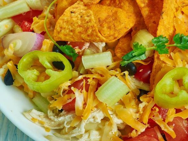 BBQ Ranch Pasta Salad, Southwest cuisine, Traditional assorted American dishes, Top view.