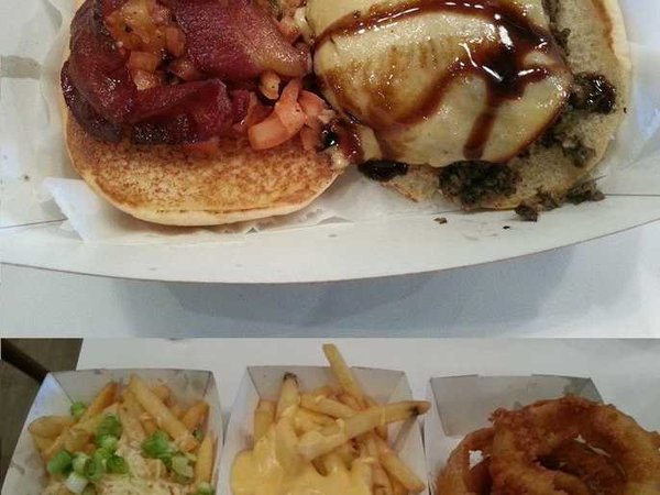 Portobello Truffle Burger, Truffle Parmesan Fries, Queso Fries, Onion Rings