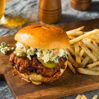 Homemade Spicy Nashville Hot Chicken Sandwich with Ranch and Pickles